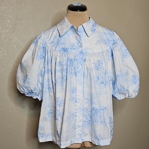 Crown & Ivy XL Blue hawaiian Print Floral Puff Short Sleeve‎ Button Front Top
